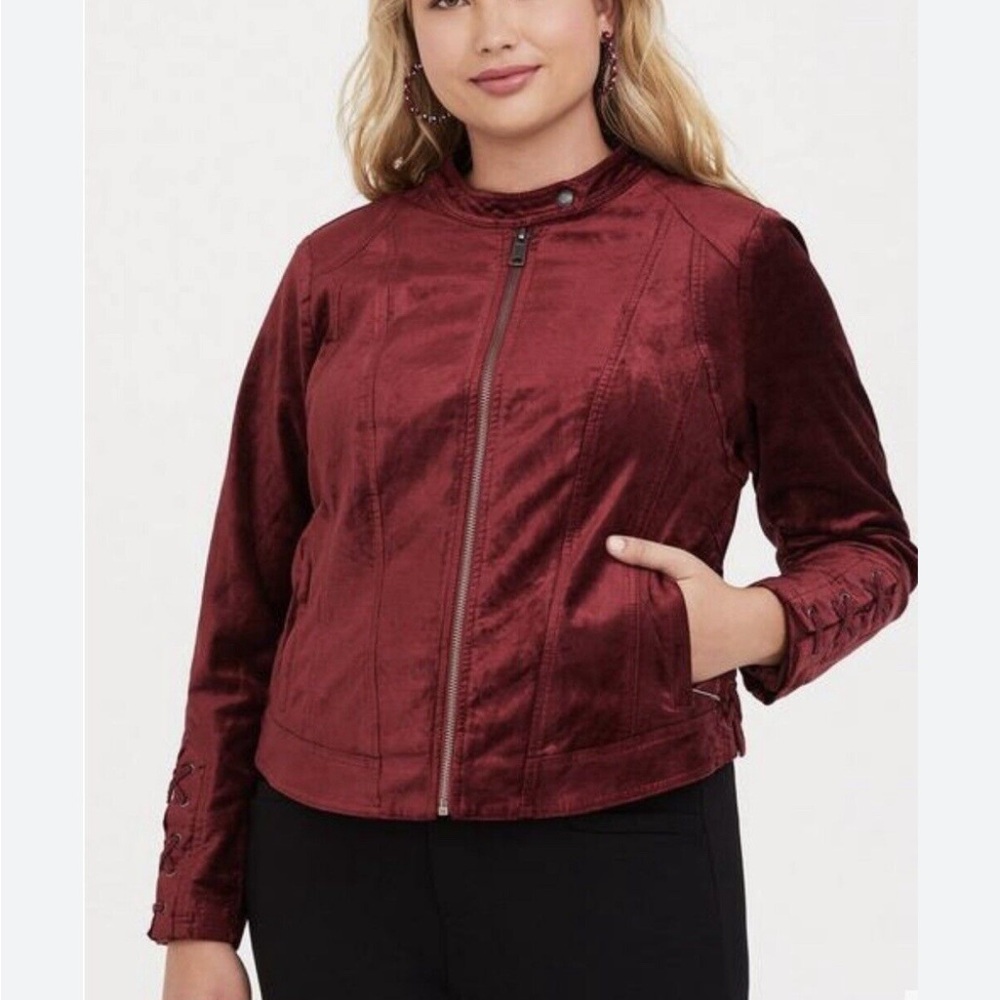 Torrid crushed velvet moto jacket with lace-up detail, sz 10